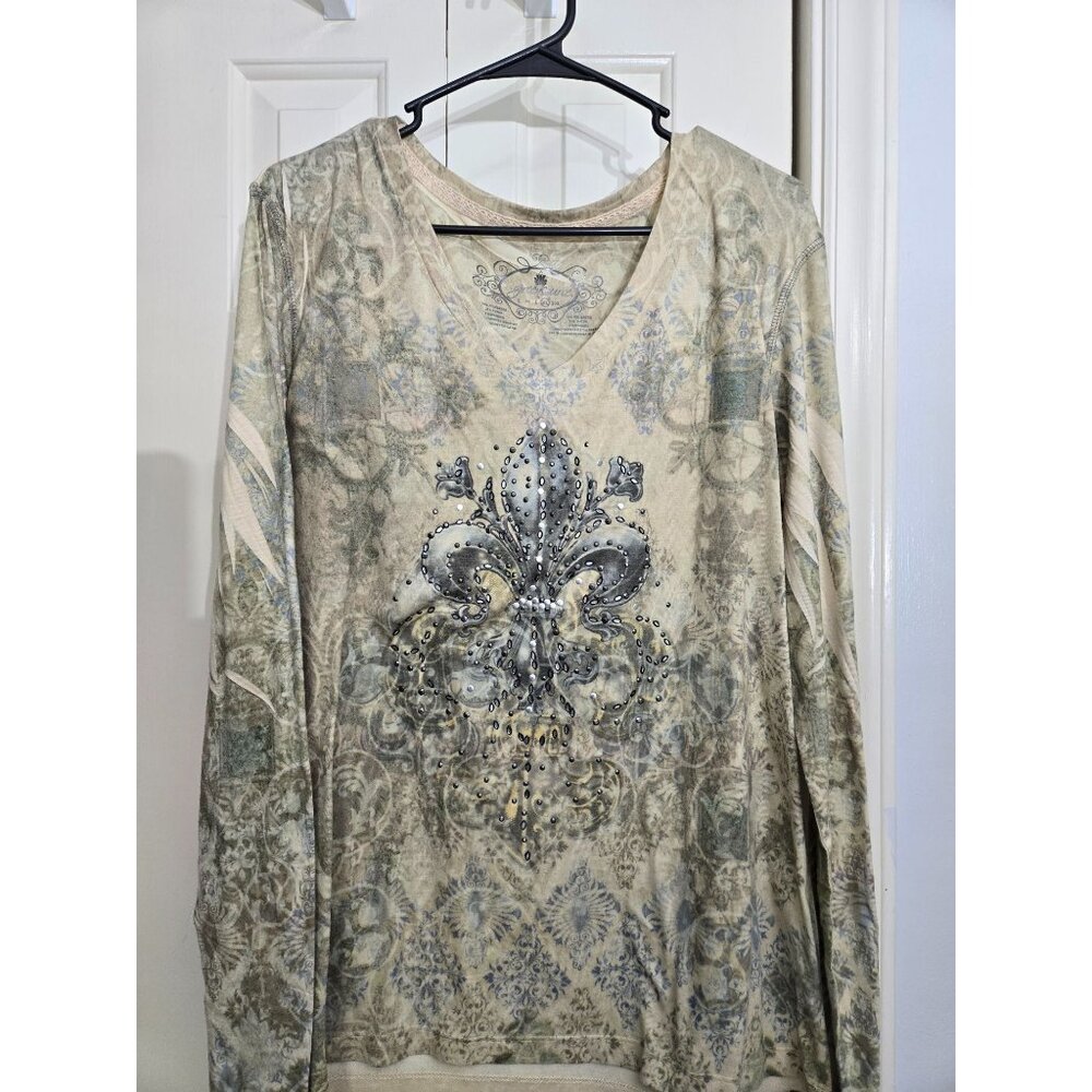 Gracewear Womens XL V-Neck Long Sleeve Fleur-De-Lis Print Blouse